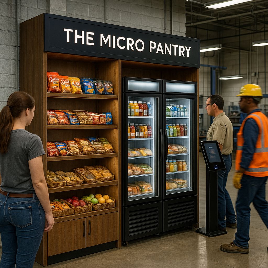 The Micro Pantry full unit with fresh food, refrigerator and kiosk